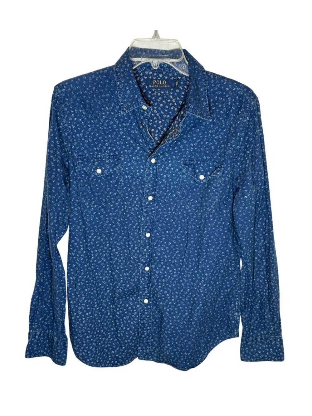 POLO Ralph Lauren Shirt Mens Blue Floral Western Long Sleeve Pearl Snap - Size L